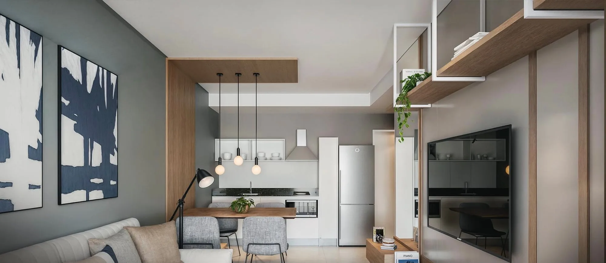 Rendu d’Invicta Mariscal à Asunción, Paraguay : séjour et cuisine d’un appartement 1 chambre.