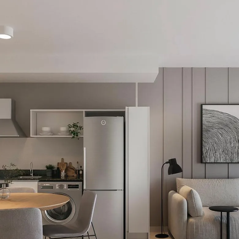 Rendu d’Invicta Mariscal à Asunción, Paraguay : séjour et cuisine d’un appartement 2 chambres.