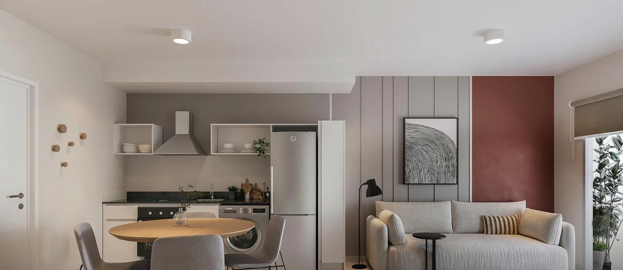Rendu d’Invicta Mariscal à Asunción, Paraguay : séjour et cuisine d’un appartement 2 chambres.