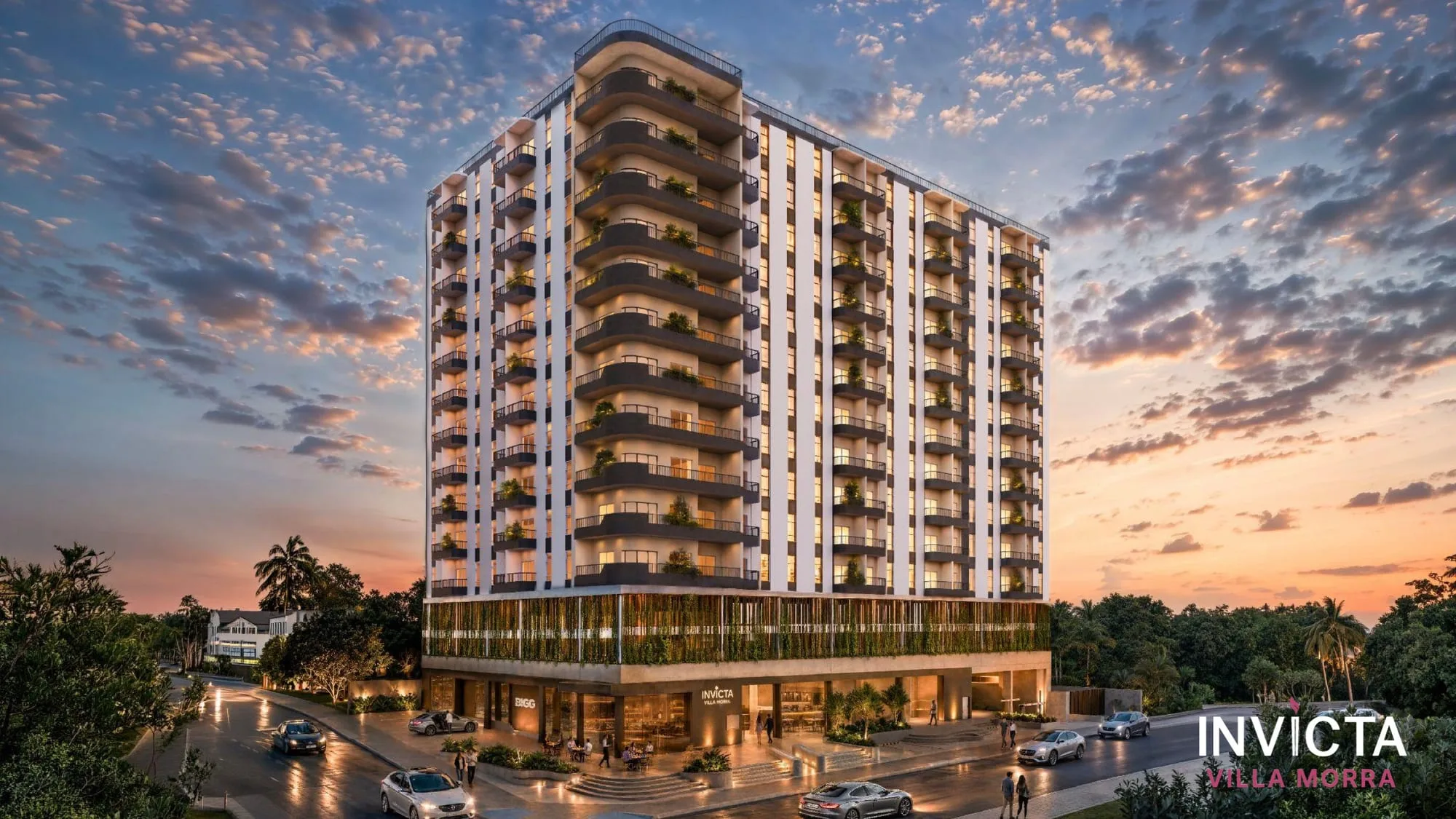 Rendering of the facade of Invicta Villa Morra at sunset in Asunción, Paraguay.