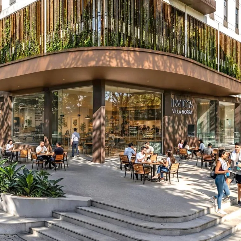 Rendu d’Invicta Villa Morra à Asunción, Paraguay : pied d’immeuble avec commerces et façade végétalisée.