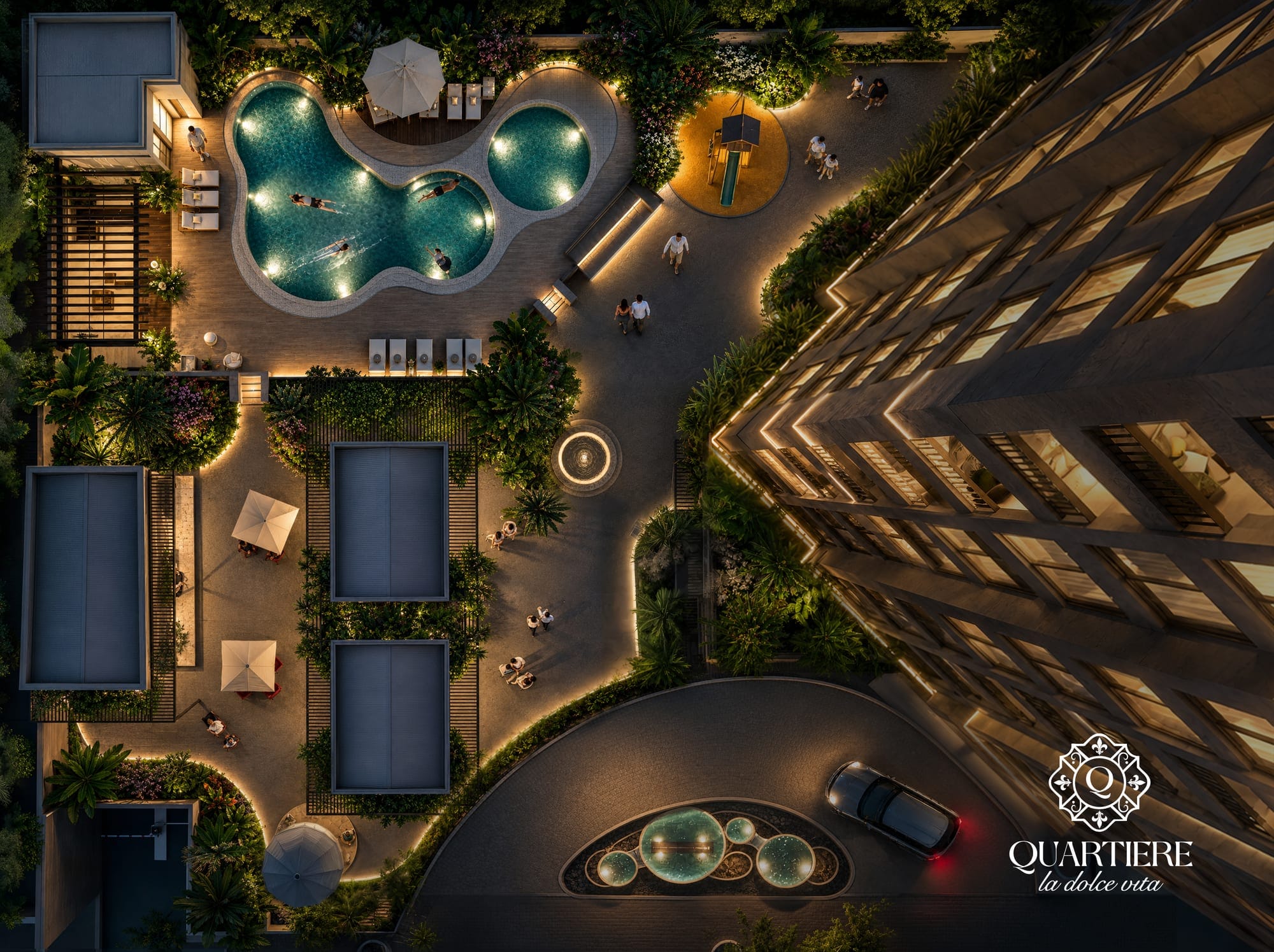 Vue aérienne des piscines aux formes organiques et des jardins au pied de la tour Quartiere à Asunción, Paraguay.