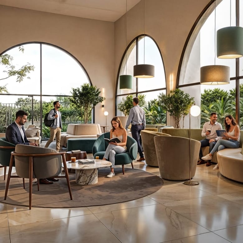 Lobby à grandes baies en arc avec salons et espace de travail dans la résidence Quartiere à Asunción, Paraguay.