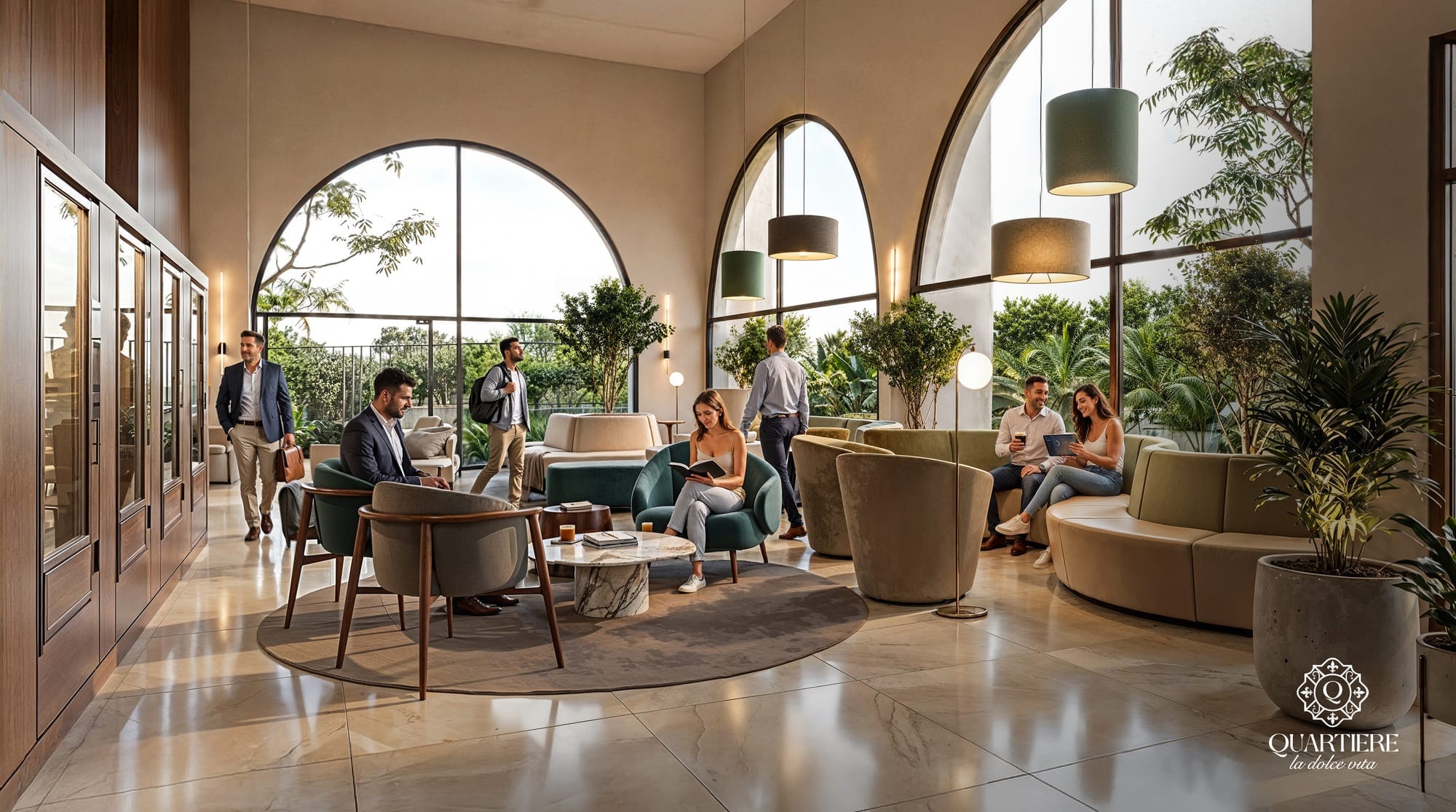 Lobby à grandes baies en arc avec salons et espace de travail dans la résidence Quartiere à Asunción, Paraguay.