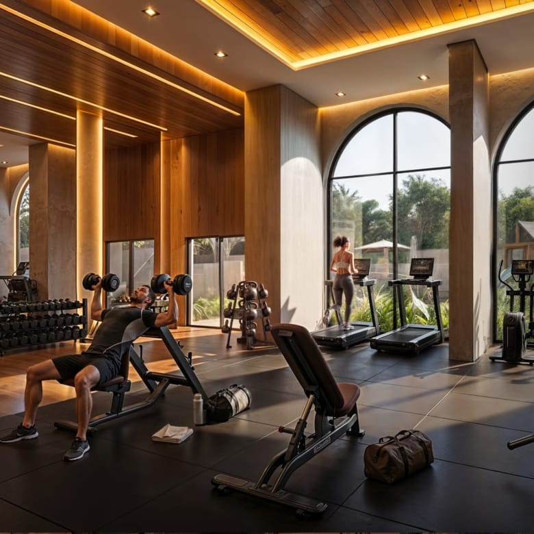 Salle de sport équipée ouvrant sur le jardin par des baies en arc dans la résidence Quartiere à Asunción, Paraguay.