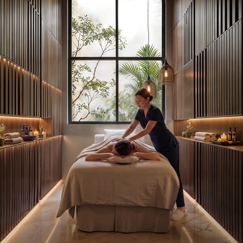 Cabine de massage habillée de bois dans le spa de la résidence Quartiere à Asunción, Paraguay.