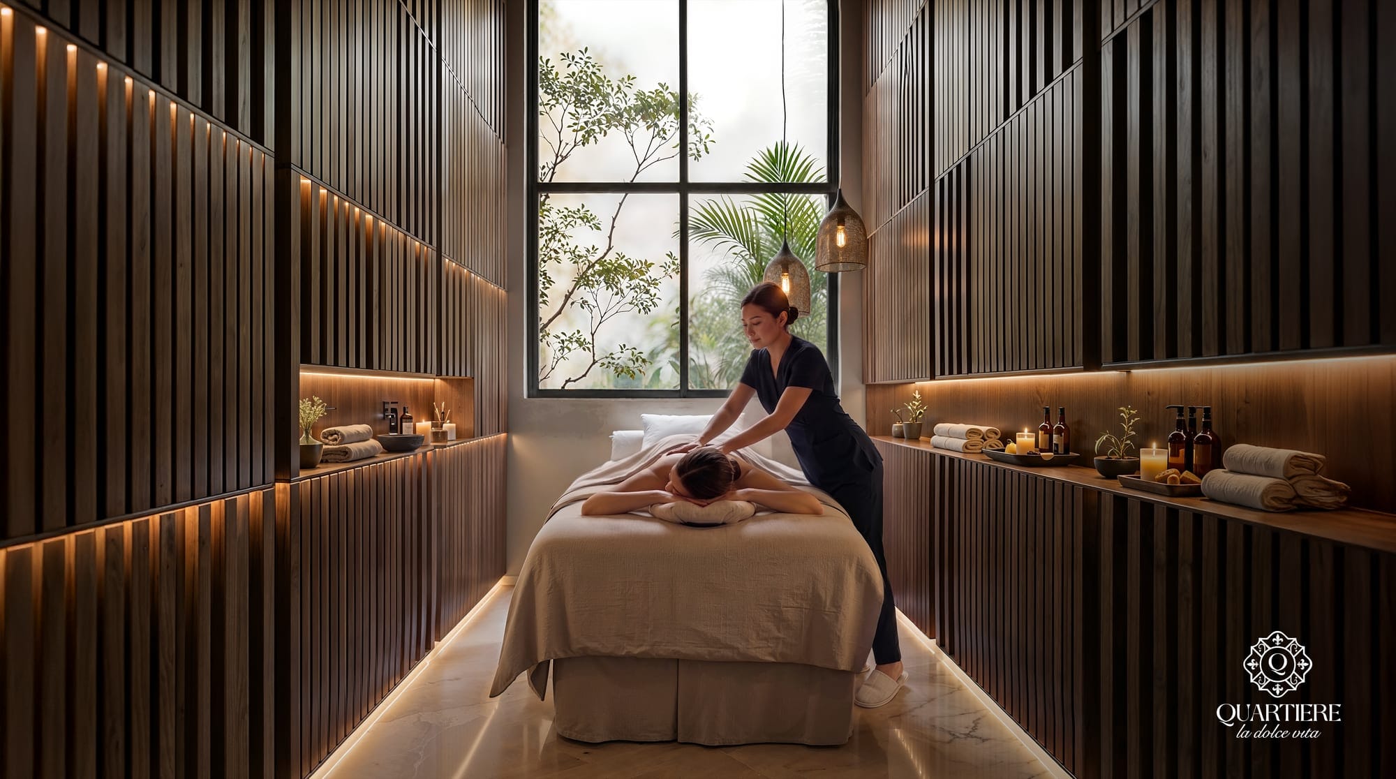 Cabine de massage habillée de bois dans le spa de la résidence Quartiere à Asunción, Paraguay.