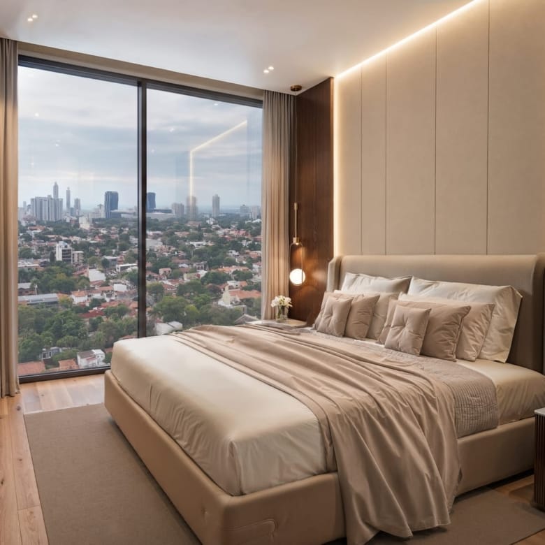 Chambre avec baie vitrée toute hauteur et vue sur la ville dans un appartement de la tour Quartiere à Asunción, Paraguay.