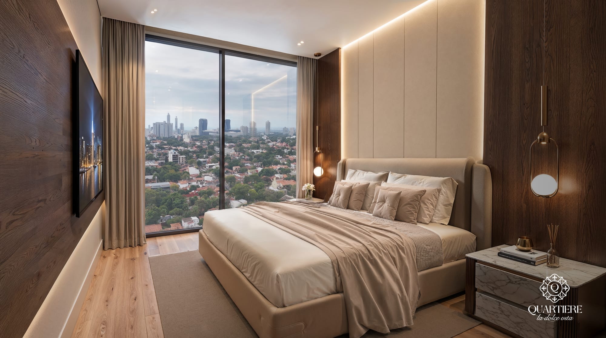 Chambre avec baie vitrée toute hauteur et vue sur la ville dans un appartement de la tour Quartiere à Asunción, Paraguay.