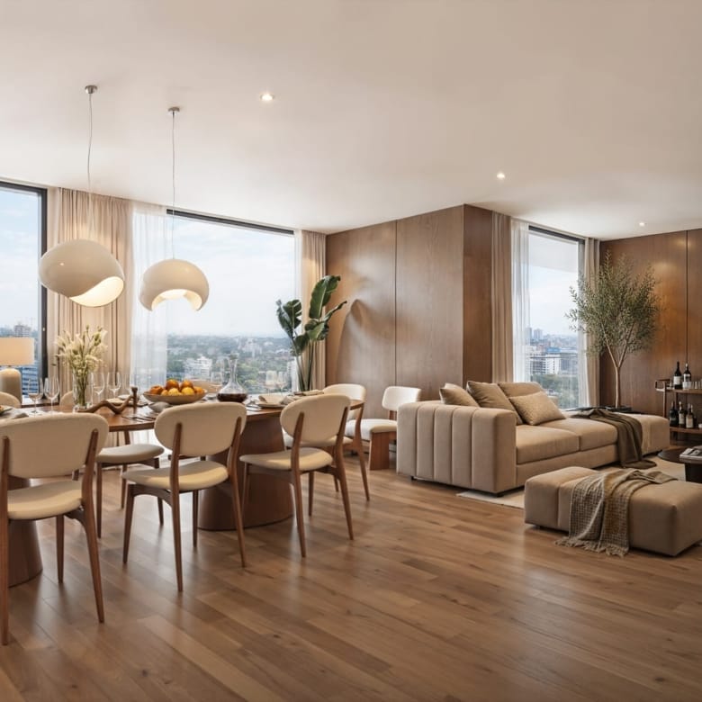 Grand séjour et salle à manger du penthouse, avec vue sur la ville, dans la tour Quartiere à Asunción, Paraguay.
