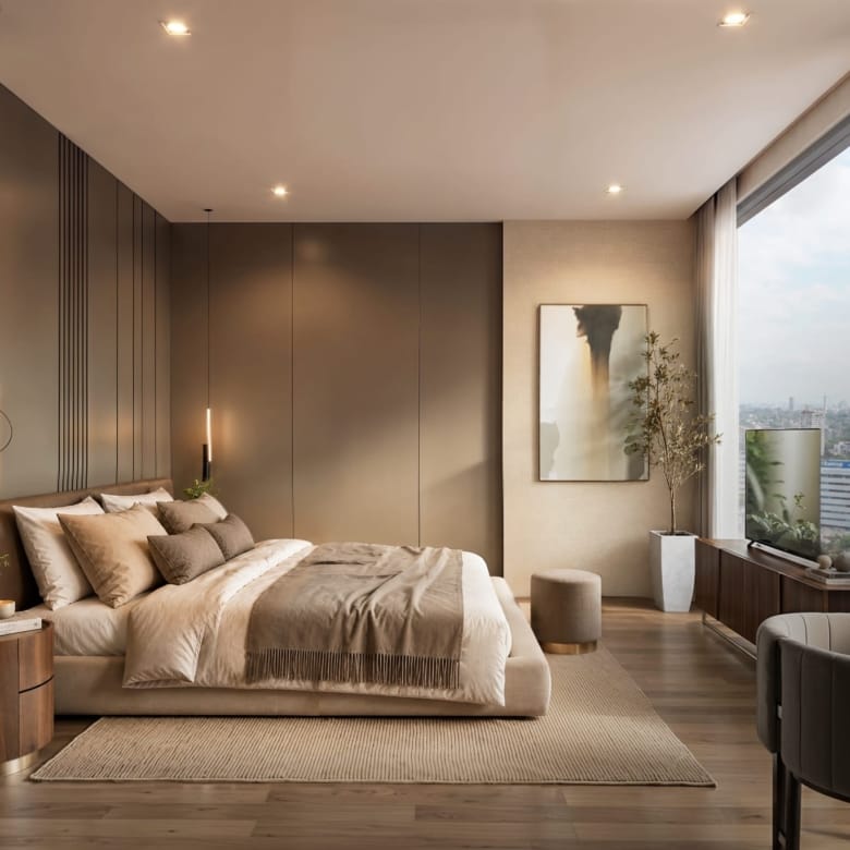 Chambre principale du penthouse de la tour Quartiere à Asunción, Paraguay.