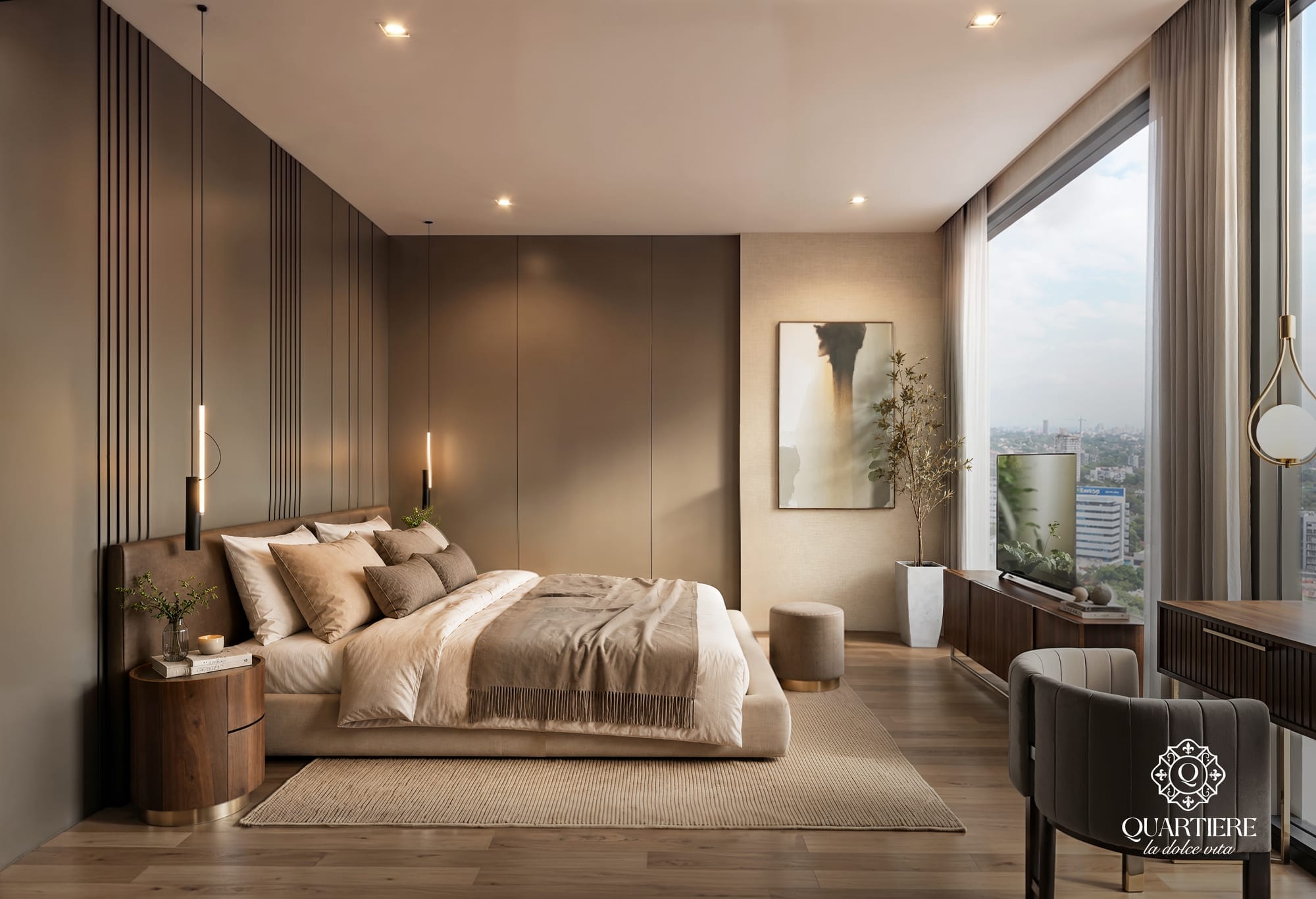 Chambre principale du penthouse de la tour Quartiere à Asunción, Paraguay.