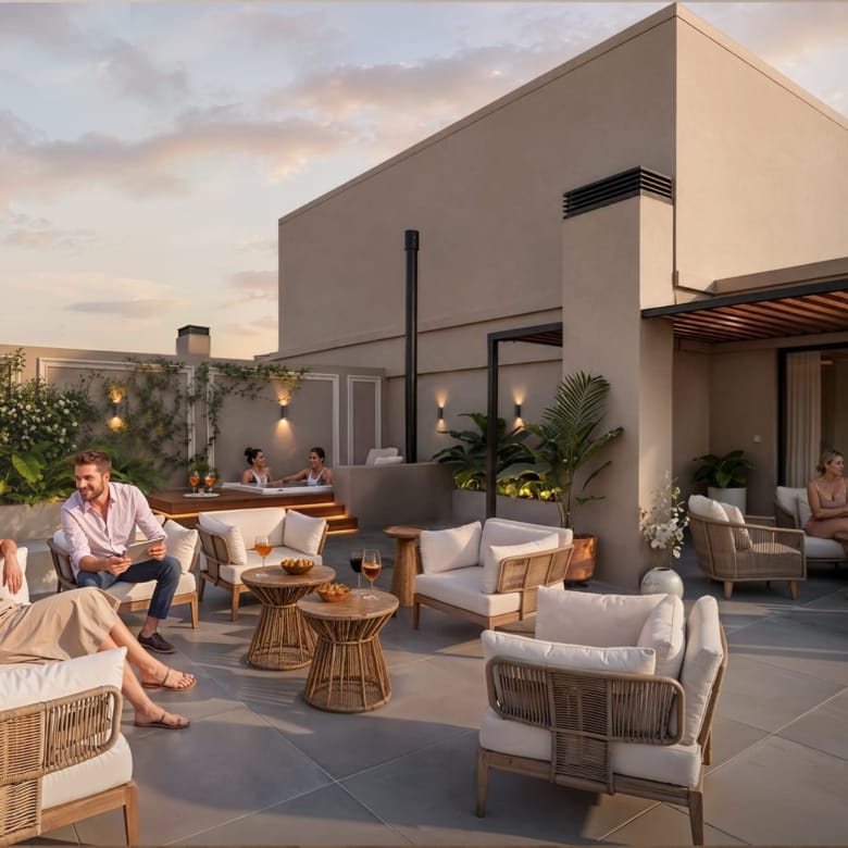 Terrasse du penthouse avec salon extérieur, pergola et jacuzzi au sommet de la tour Quartiere à Asunción, Paraguay.