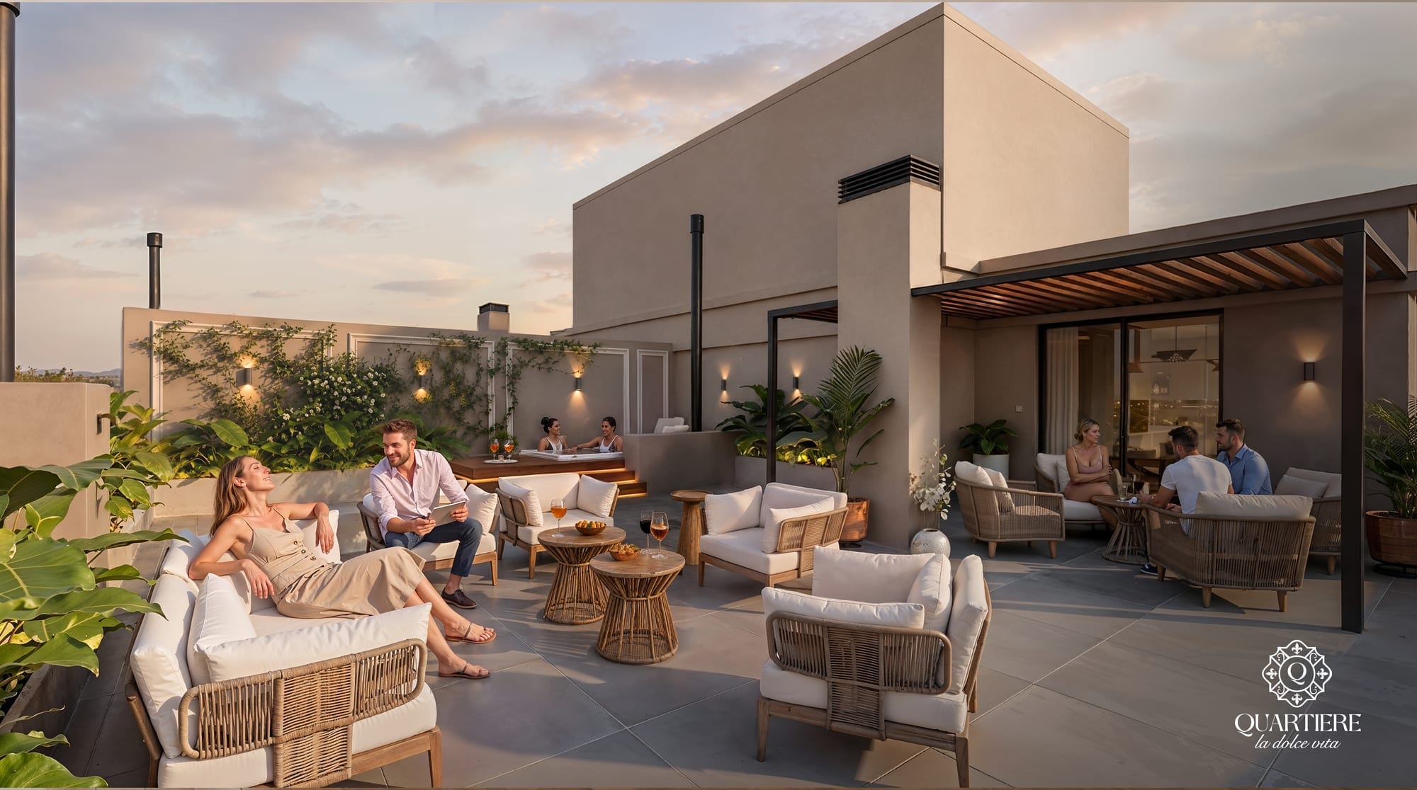 Terrasse du penthouse avec salon extérieur, pergola et jacuzzi au sommet de la tour Quartiere à Asunción, Paraguay.