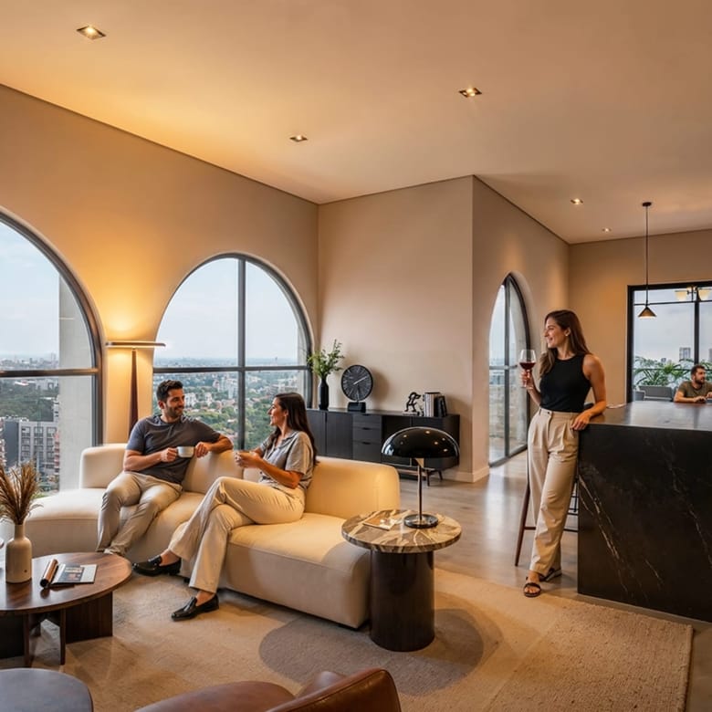 Quincho du penthouse avec baies en arc, bar et vue sur la ville dans la tour Quartiere à Asunción, Paraguay.