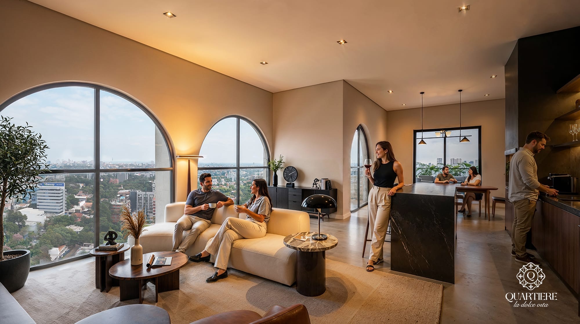 Quincho du penthouse avec baies en arc, bar et vue sur la ville dans la tour Quartiere à Asunción, Paraguay.