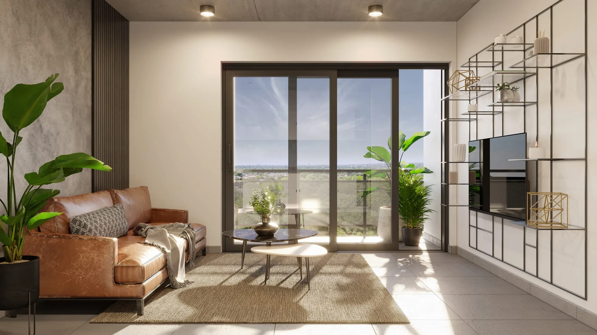 Séjour ouvert sur le balcon d’un appartement d’Urban Cumbres, à Luque, Paraguay.