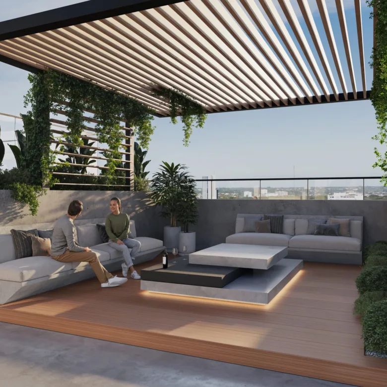 Pergola du toit-terrasse de la résidence Urban Mburucuyá, à Asunción, Paraguay.