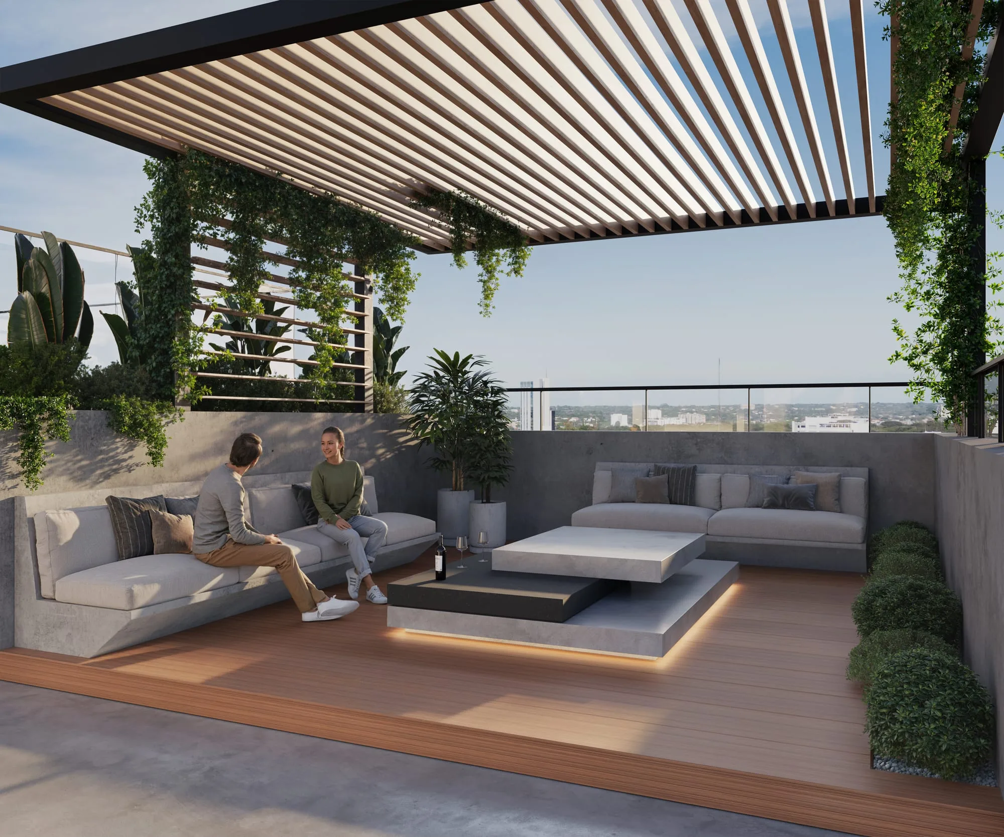 Pergola du toit-terrasse de la résidence Urban Mburucuyá, à Asunción, Paraguay.