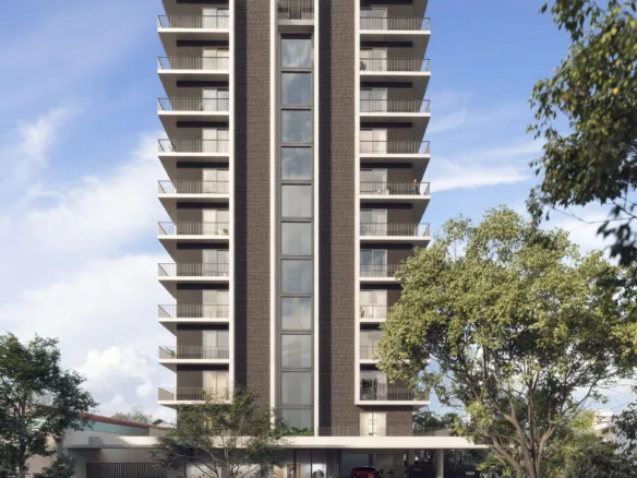 Façade de la résidence Urban Santa Teresa vue depuis la rue, à Asunción, Paraguay.