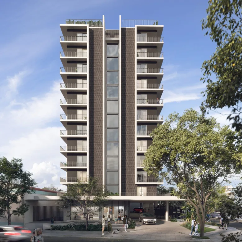 The facade of the Urban Santa Teresa apartment complex as seen from the street in Asunción, Paraguay.