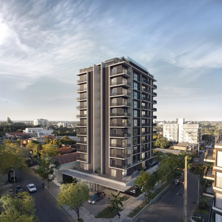 Vue aérienne de l’angle de la résidence Urban Santa Teresa, à Asunción, Paraguay.