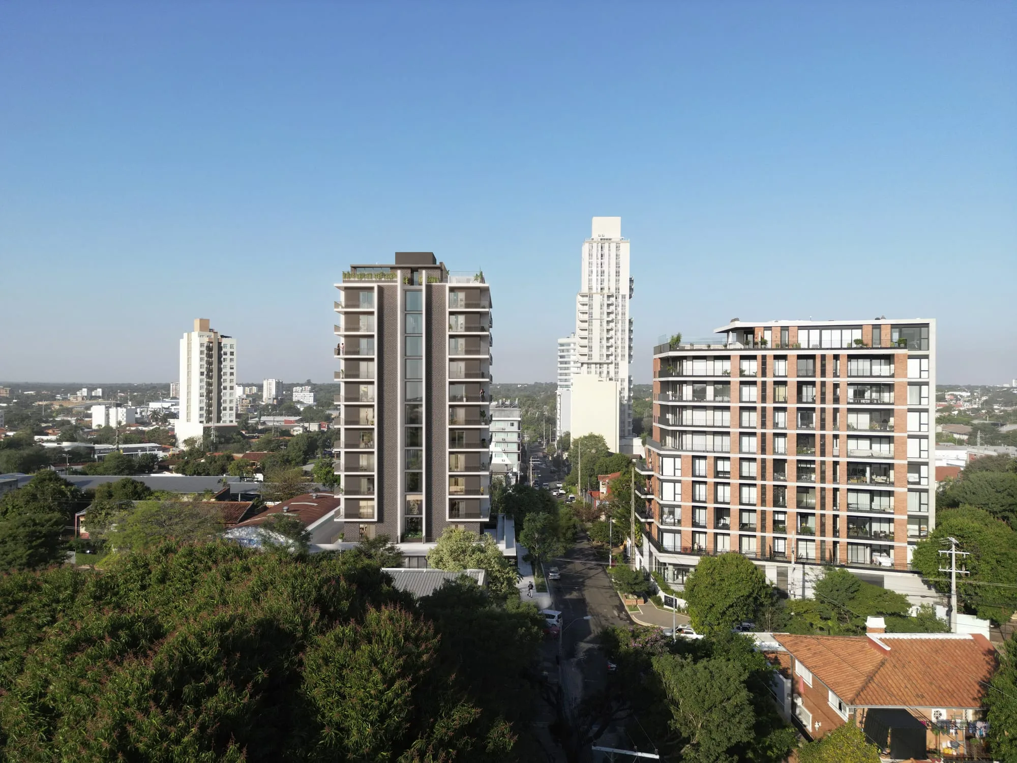 Vue aérienne de la résidence Urban Santa Teresa dans son quartier, à Asunción, Paraguay.