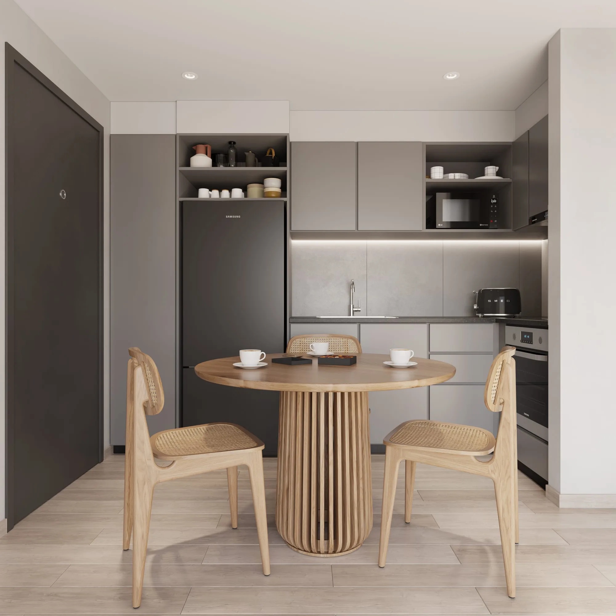 Cuisine et salle à manger d’un appartement d’Urban Santa Teresa, à Asunción, Paraguay.