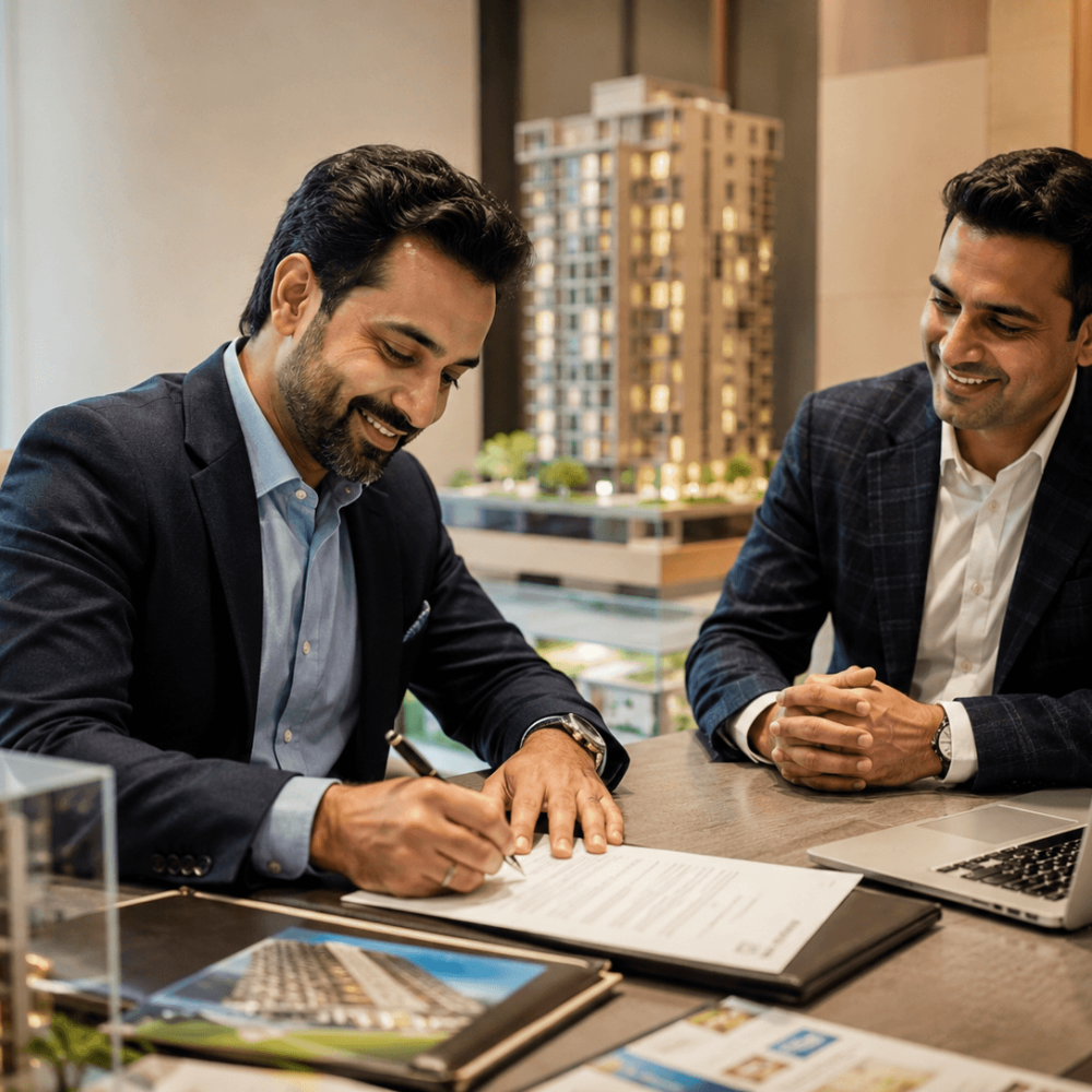 Équipe Aura Capital accompagnant un investisseur lors de la signature d’un projet immobilier à Asunción, au Paraguay, avec maquette de résidence et documents de vente.