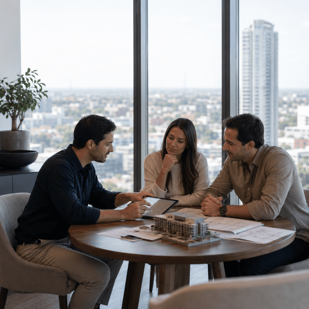 Conseiller immobilier accompagnant un couple dans l’étude d’un projet d’investissement immobilier neuf à Asunción, au Paraguay