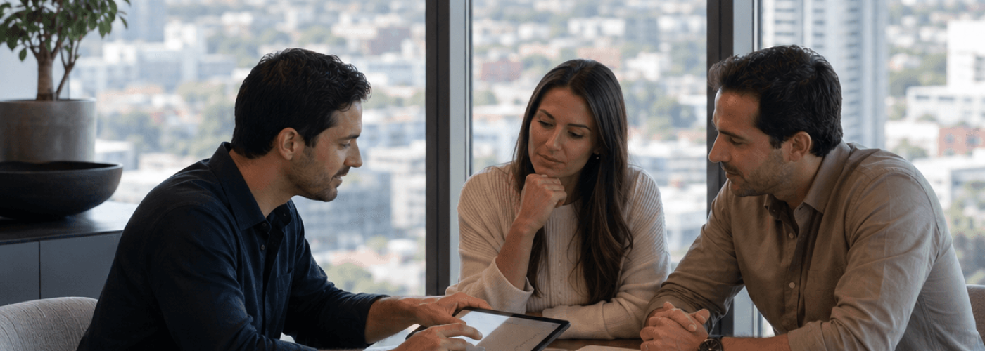 Conseiller immobilier accompagnant un couple dans l’étude d’un projet d’investissement immobilier neuf à Asunción, au Paraguay