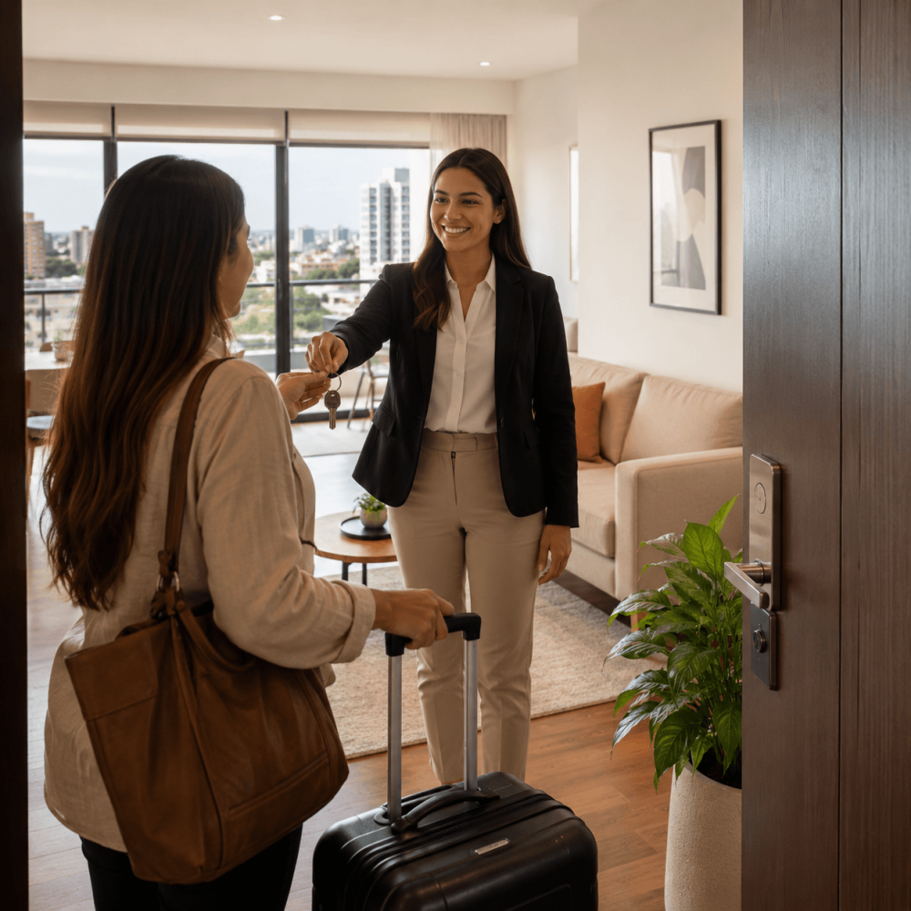 Gestionnaire accueillant une voyageuse avec ses bagages dans un appartement en location courte durée à Asunción, au Paraguay.