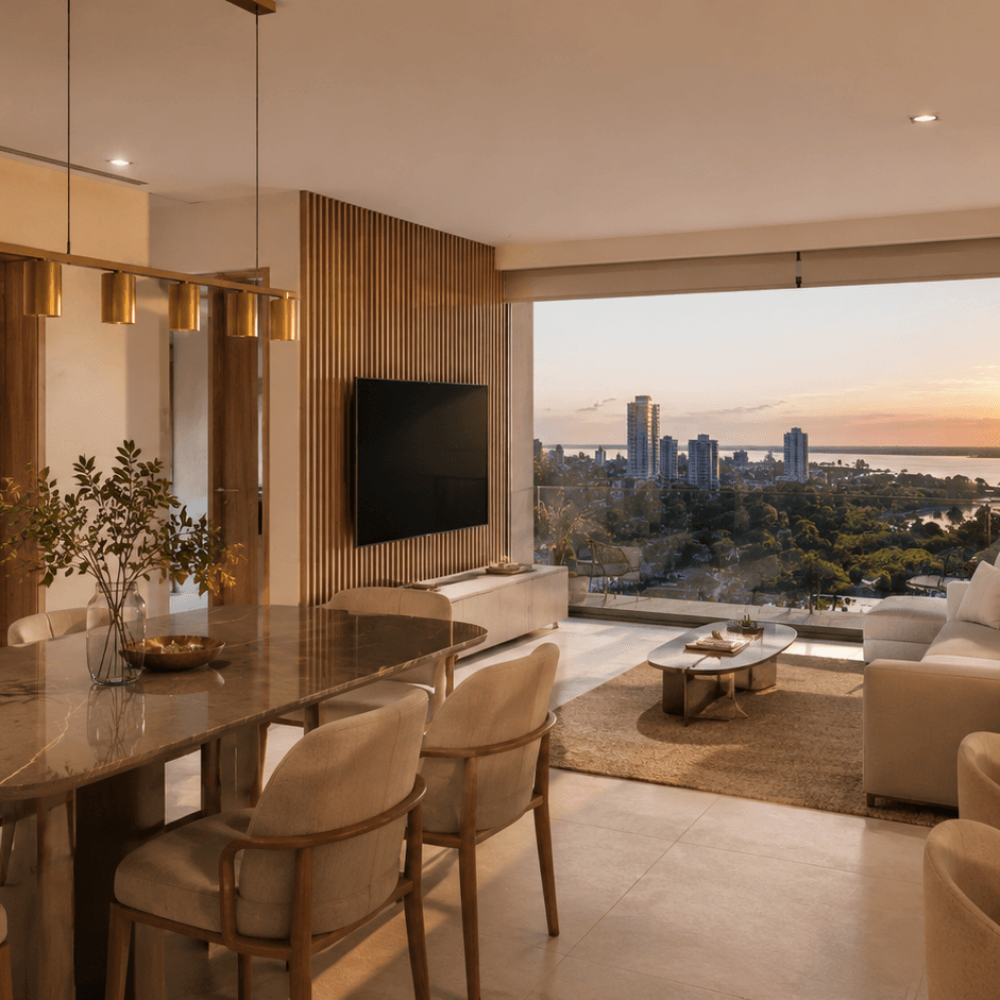 Salon et salle à manger d’un appartement moderne avec terrasse et vue sur Asunción au Paraguay.
