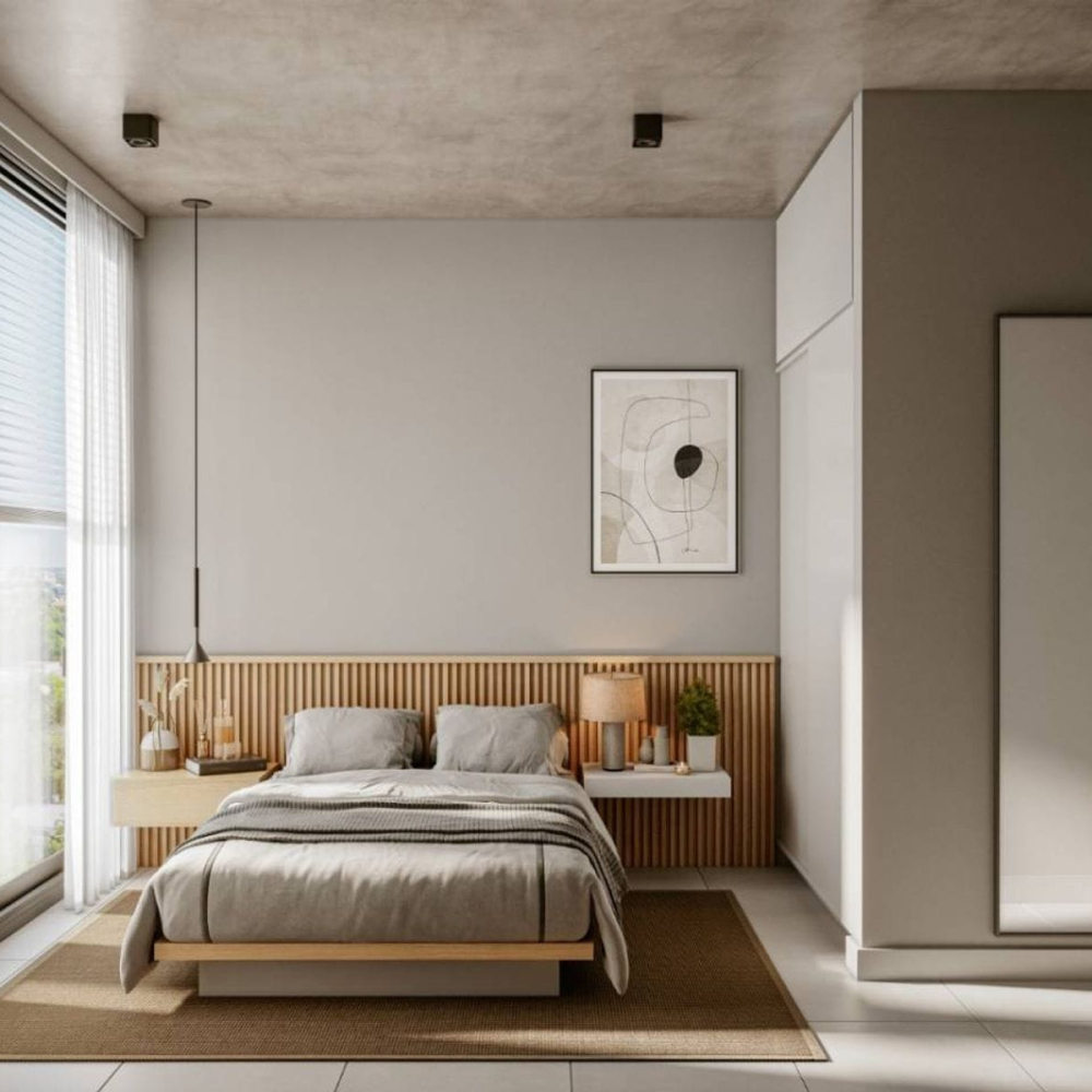 Chambre moderne avec lit double, grande baie vitrée, placard intégré et décoration contemporaine à Asunción, au Paraguay.