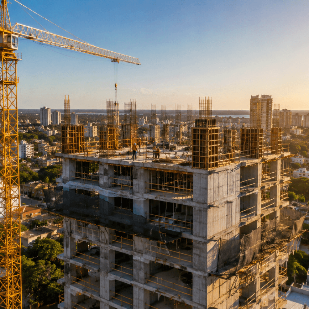 Immeuble résidentiel en construction avec grue et vue sur Asunción au coucher du soleil, Paraguay.