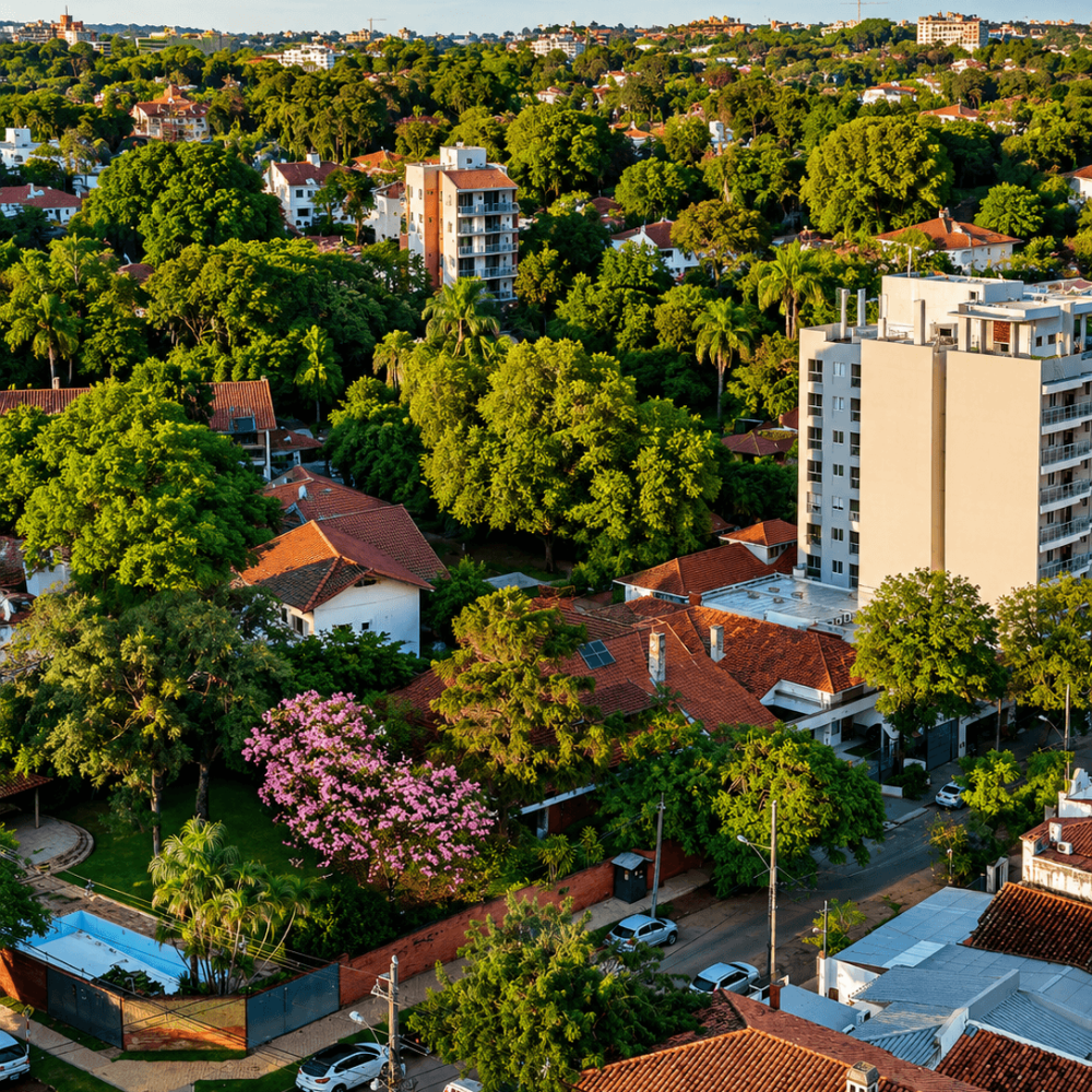 Immeuble résidentiel en construction entouré de maisons, de toitures en tuiles rouges et d’une végétation dense à Asunción, au Paraguay.