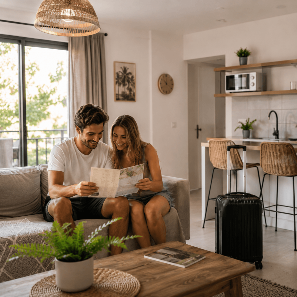 Couple assis dans le salon d’un appartement meublé à Asunción, au Paraguay, avec valise, cuisine ouverte et grande baie vitrée.