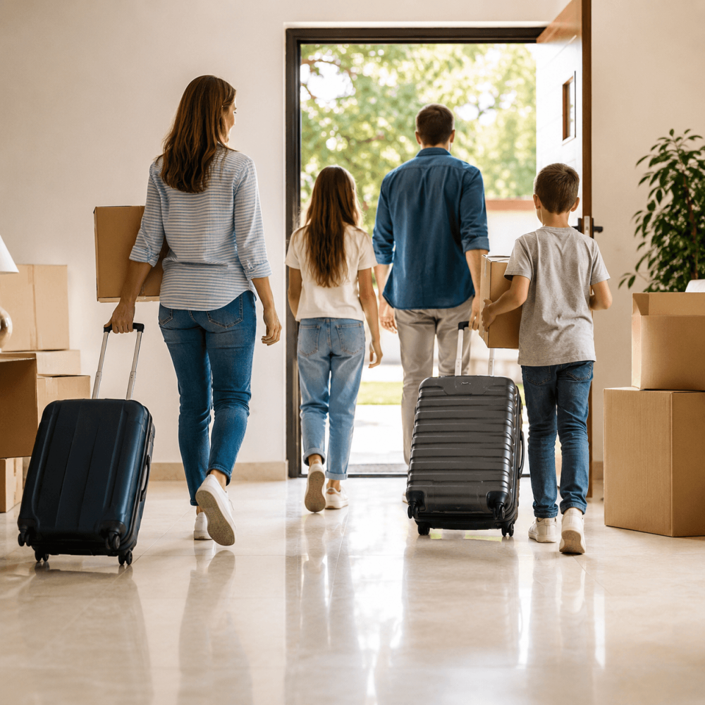 Famille emménageant dans un nouveau logement avec valises et cartons à Asunción, Paraguay