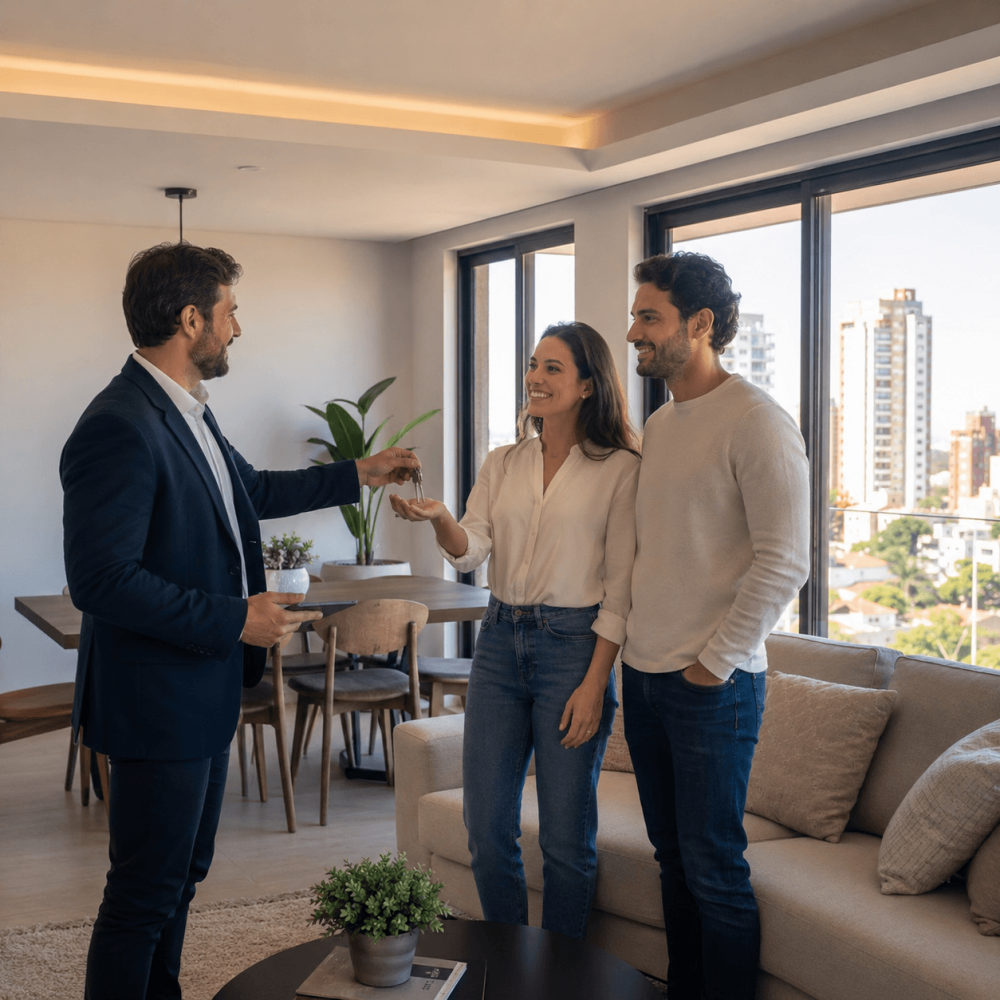 Gestionnaire immobilier remettant les clés d’un appartement moderne à un couple de locataires à Asunción, au Paraguay.