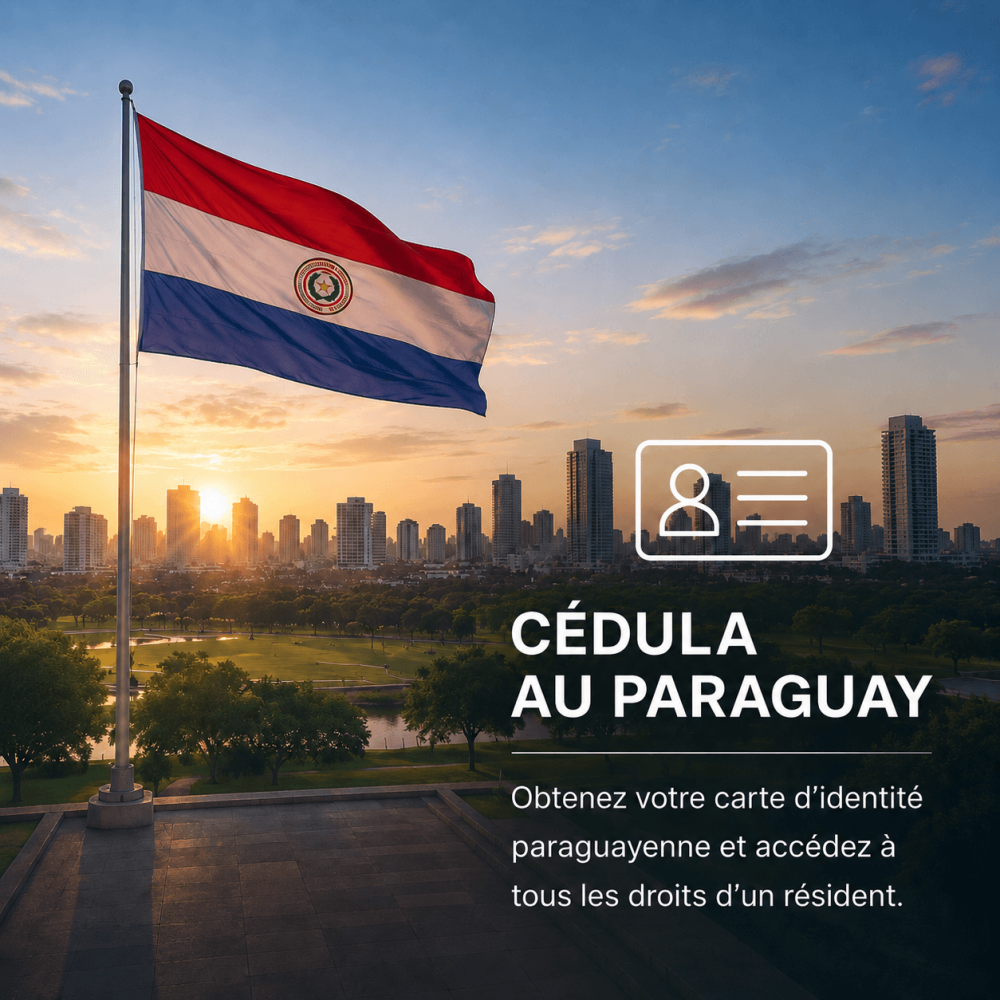 Drapeau du Paraguay devant la skyline d’Asunción pour illustrer l’obtention de la Cédula paraguayenne.