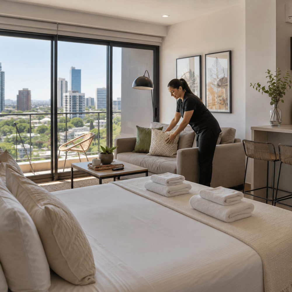 Professionnelle préparant un appartement meublé pour une location courte durée à Asunción, au Paraguay.