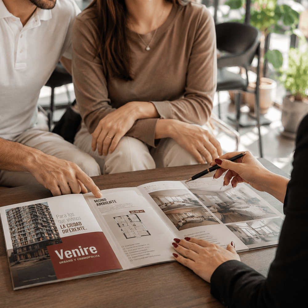 Conseillère immobilière présentant la brochure du projet Venire 568 à des investisseurs à Asunción, au Paraguay.