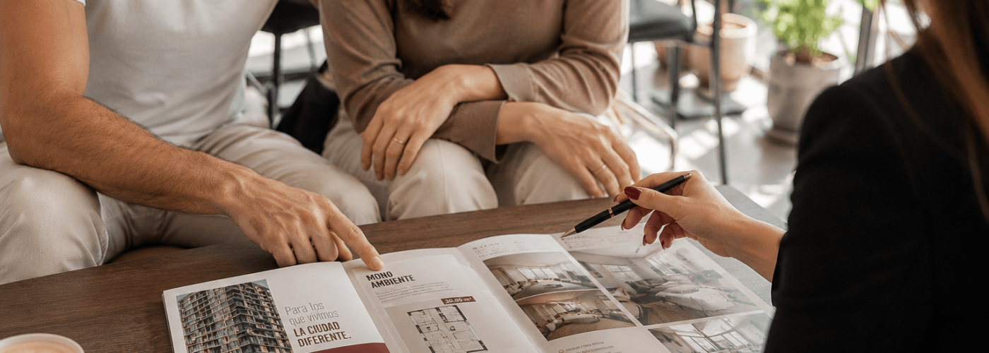 Conseillère immobilière présentant la brochure du projet Venire 568 à des investisseurs à Asunción, au Paraguay.