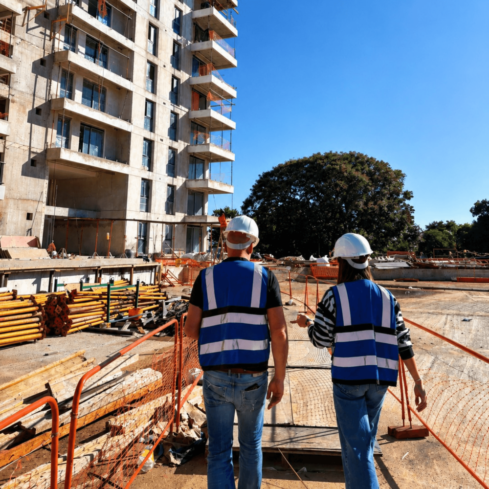 Texte alternatif SEO : Chantier du projet immobilier Marena Tour 1 à Asunción, au Paraguay, avec deux professionnels en casque et gilet de sécurité devant l’immeuble en construction.