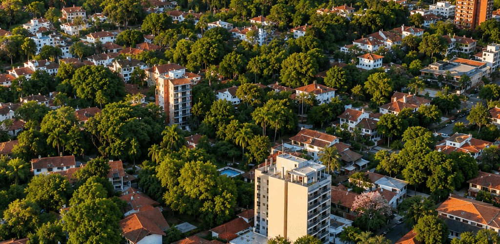 Vue aérienne d’un quartier résidentiel arboré avec maisons et immeubles à Asunción, au Paraguay.