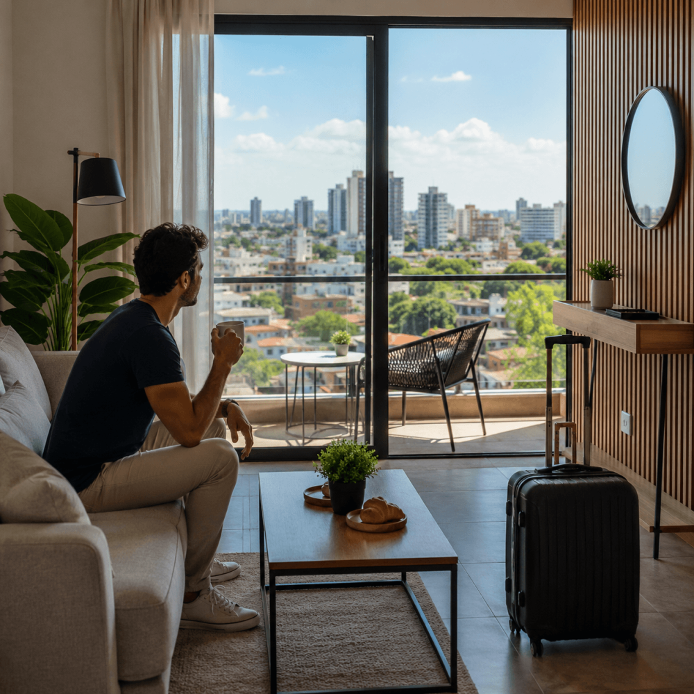 Voyageur dans un appartement meublé avec vue sur Asunción, au Paraguay