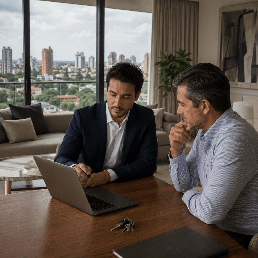 Propriétaire et gestionnaire consultant les résultats d’un appartement locatif sur un ordinateur à Asunción, au Paraguay.