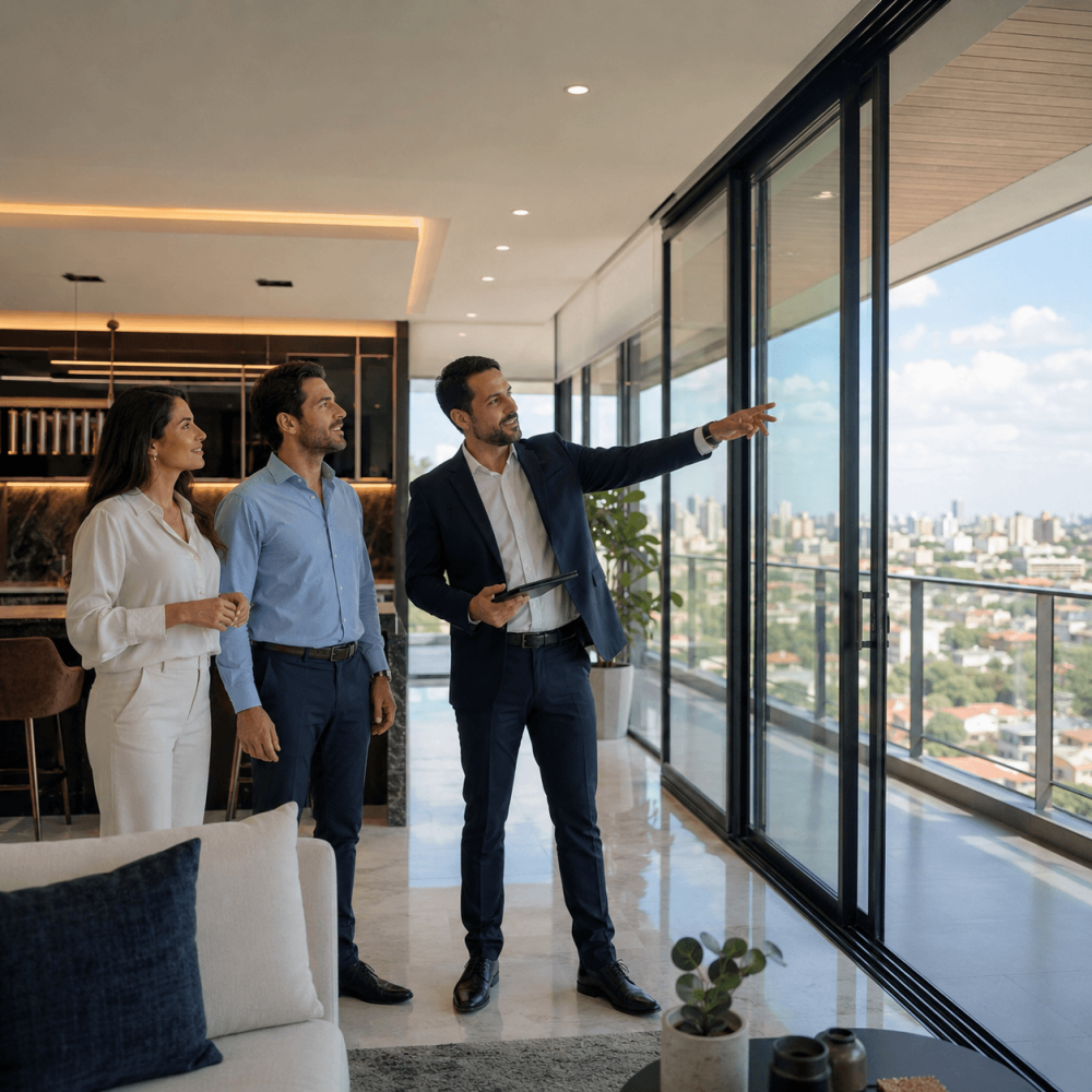Couple accompagné par un conseiller immobilier pendant la visite d’un appartement moderne avec vue sur Asunción, au Paraguay.