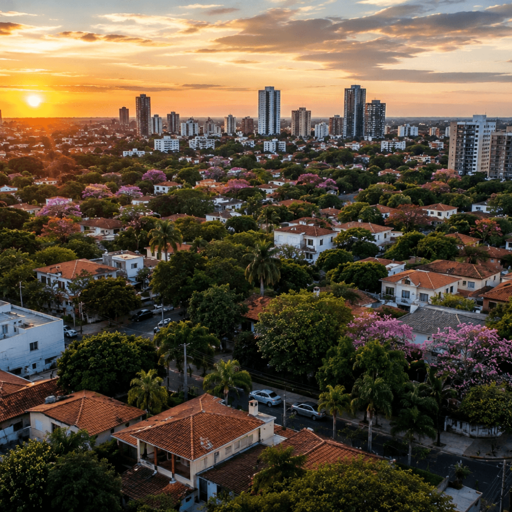 Panorama d’Asunción, au Paraguay, entre quartiers résidentiels verdoyants, maisons traditionnelles et immeubles modernes, sous la lumière dorée du coucher du soleil.