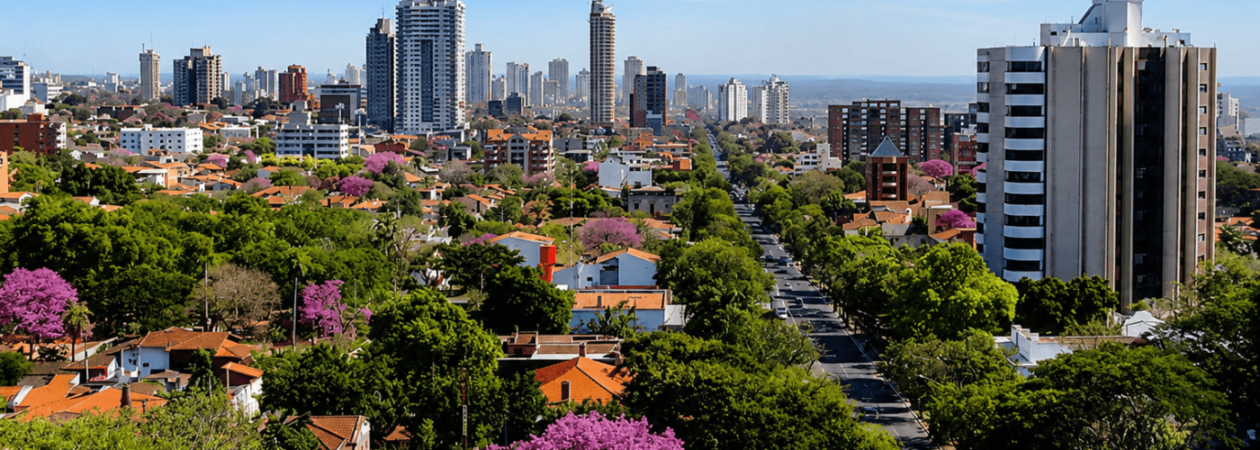 Panorama urbain d’Asunción au Paraguay avec végétation luxuriante, arbres fleuris, maisons et tours résidentielles modernes.